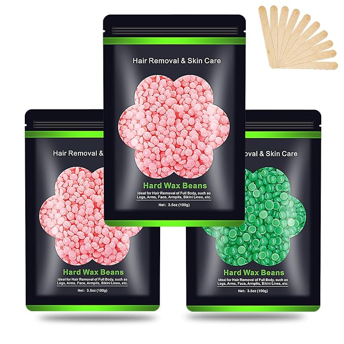 Wax Beads for Hair Removal 10.5oz (300g), Auperwel Hard Wax Beads Beans for Sensitive Skin Brazilian Waxing, Face, Bikini, Eyebrow, Legs, Painless for Women Men, 3 packs Kit with 10 Sticks