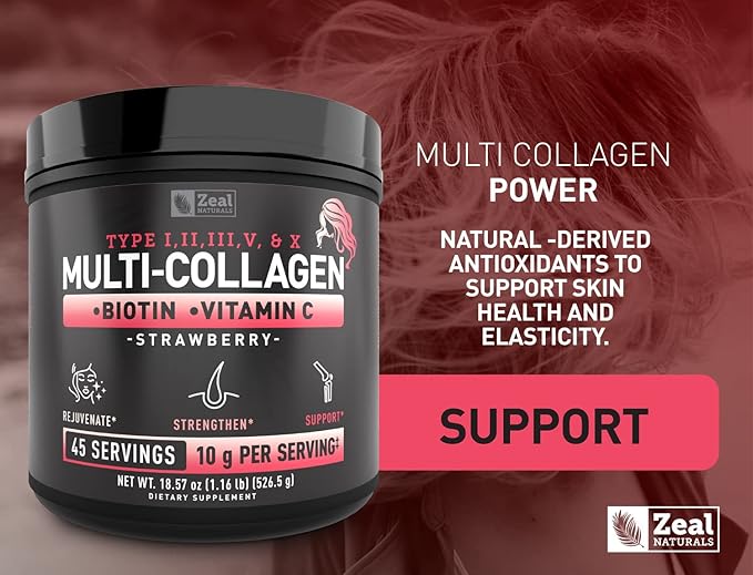 Premium Multi Collagen Peptides Protein Powder (1, 2, 3, 5 & 10) with Vitamin C, Biotin, Hyaluronic Acid, for Hair Skin and Nails - Marine, Bovine, Chicken & Eggshell (Strawberry, 45 Servings)