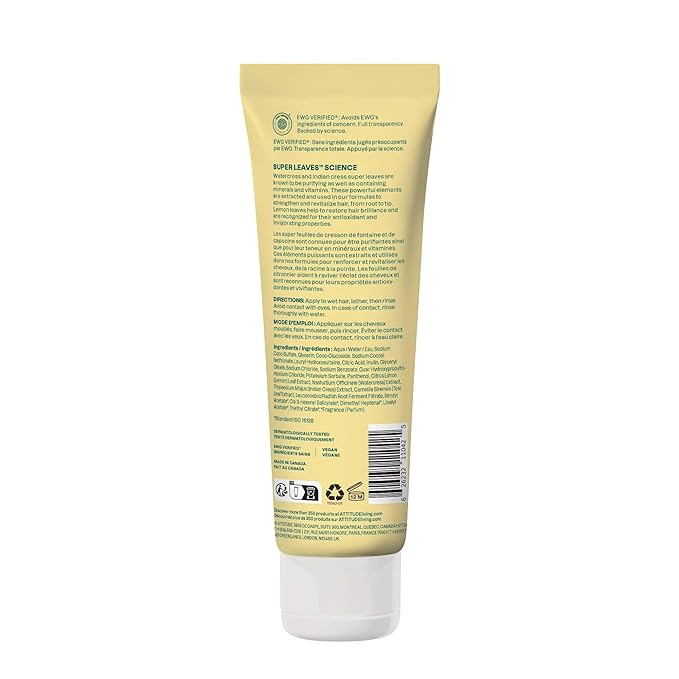 ATTITUDE Clarifying Hair Shampoo, EWG Verified, Restores Shine, Naturally Derived Ingredients, Vegan, Plant Based, Lemon Leaves and White Tea, 8 Fl Oz