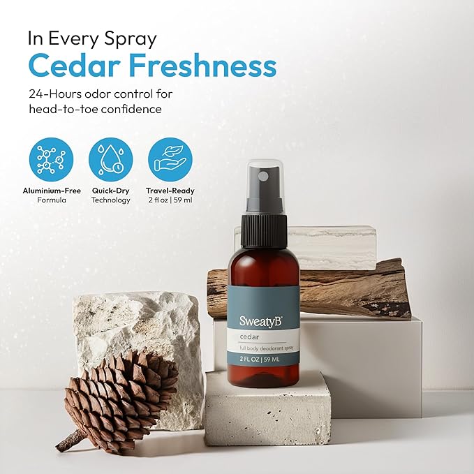 SweatyB® Full Body Deodorant Spray - Non-Irritant, Sensitive Skin-Friendly Spray for Women & Men - Made in USA - Cedar - 2 oz - 1 pack