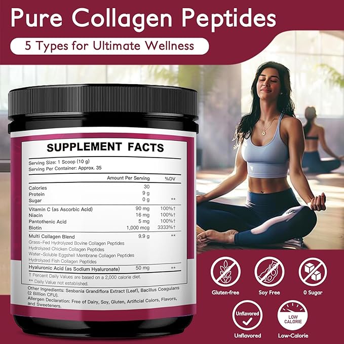 Multi Collagen Peptides Powder for Women, Hydrolyzed Collagen Powder with Vitamin C, Hyaluronic Acid, Supports Skin, Hair, and Nail - Unflavored, Keto & Sugar-Free, 35 Servings