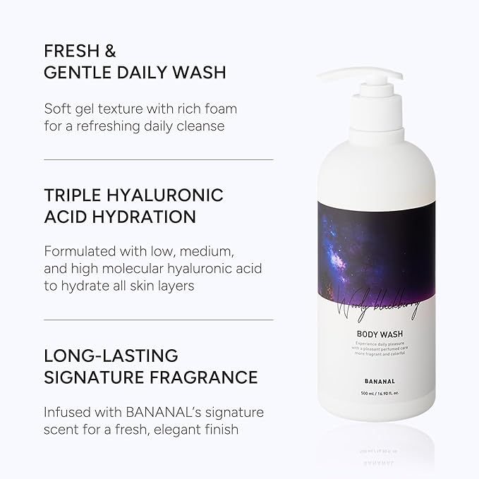 Korean Body Wash with Hyaluronic Acid & Aloe – Hydrating Moisturizing Cleanser for All Skin – Infused with Natural Extracts – Paraben & Silicone-Free – Woody Blackberry, 500ml / 16.9 fl oz