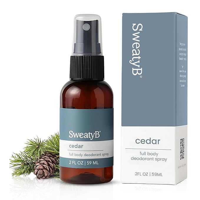 SweatyB® Full Body Deodorant Spray - Non-Irritant, Sensitive Skin-Friendly Spray for Women & Men - Made in USA - Cedar - 2 oz - 1 pack