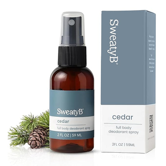SweatyB® Full Body Deodorant Spray - Non-Irritant, Sensitive Skin-Friendly Spray for Women & Men - Made in USA - Cedar - 2 oz - 1 pack
