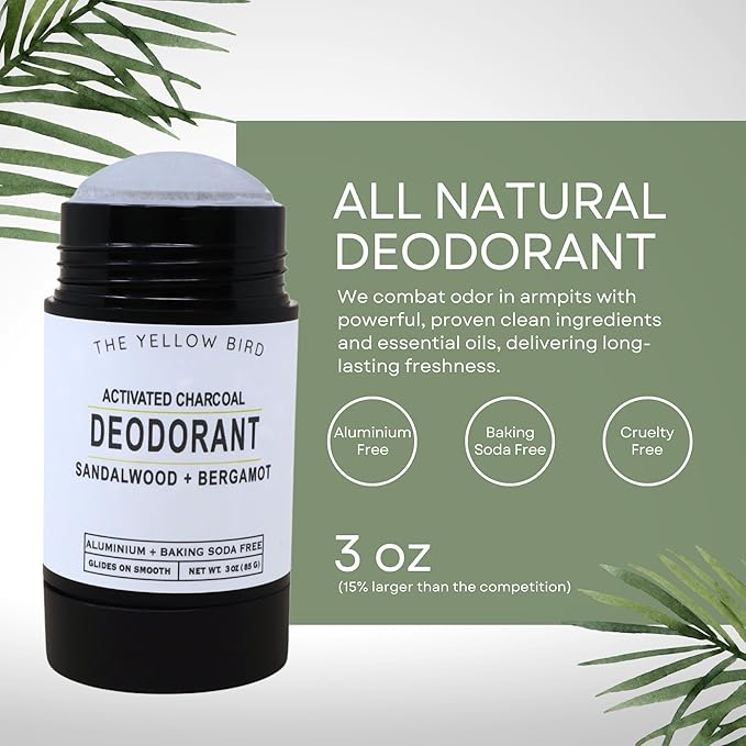 Sandalwood & Bergamot Natural Deodorant – Aluminum-Free, Baking Soda-Free Stick, Sensitive Skin Formula with Activated Charcoal – 3 oz, For Men, Women, Teens - Made in USA