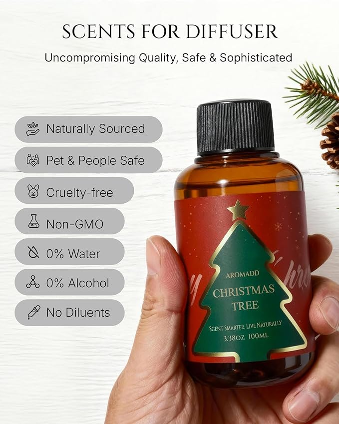 Aromadd Christmas Tree Diffuser Oil Inspired by Luxury Hotel Scent, Essential Oils for Waterless Diffuser, Festive Pine & Cedarwood Amber, Long-Lasting Home Fragrance - 3.38 fl oz (100 mL)