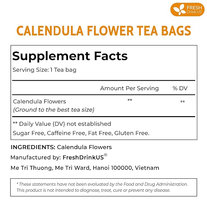 FRESHDRINKUS Premium 100% Natural Calendula Flower Tea Bags, 135 Count, Herbal Tea, Caffeine Free, Sugar Free, Gluten Free, Vegan
