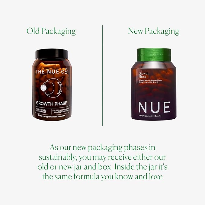 The Nue Co. Growth Phase Supplement, Supports Hair Growth, Reduces Breakage, Thicker & Fuller Hair, Contains Vitamins, Reishsi Mushrooms, Proteins & Adaptogens, Vegan, Gluten Free, 90 Capsules
