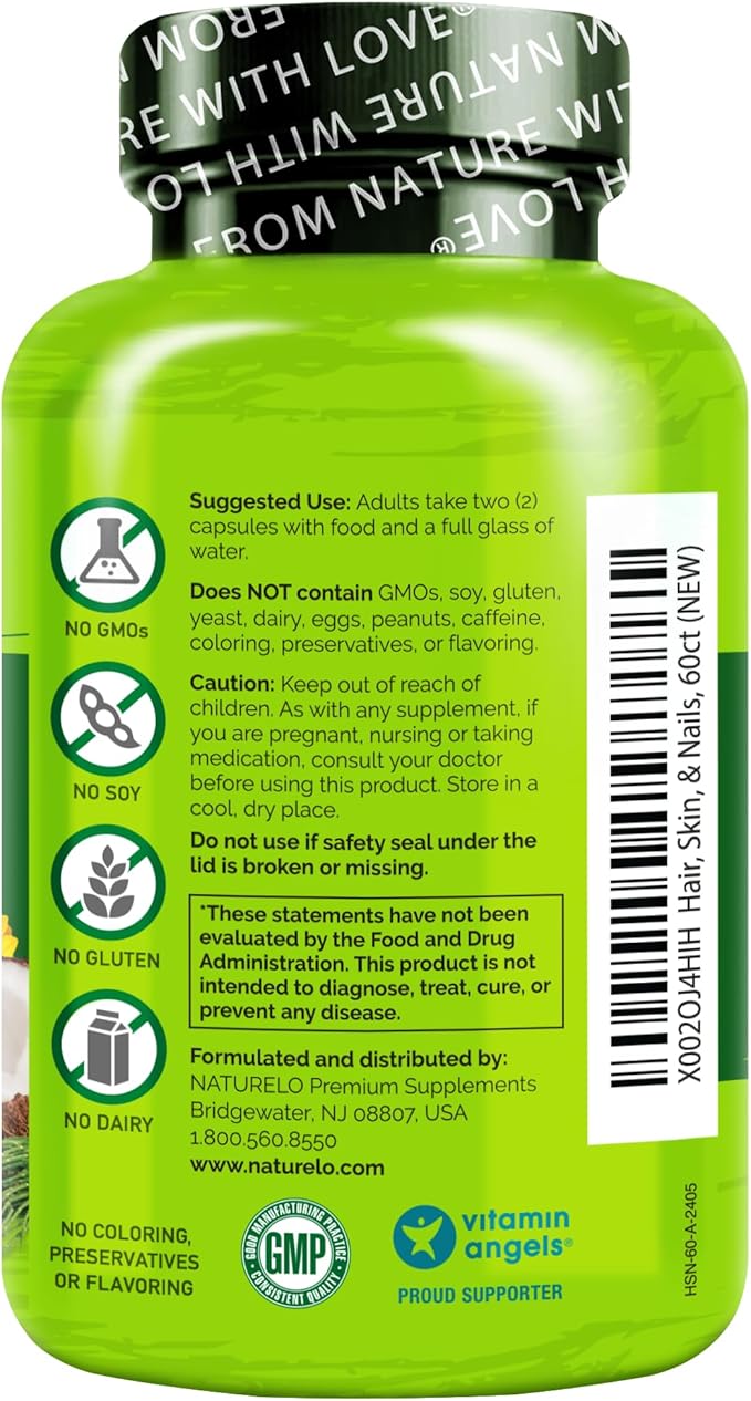 NATURELO Hair, Skin and Nails Multivitamin - 5000 mcg Biotin, Collagen, Natural Vitamin E - Supplement for Healthy Skin, Hair Growth for Women and Men – 60 Capsules