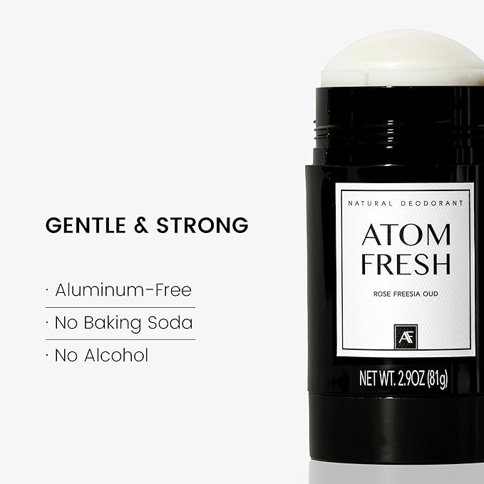 Atom Fresh Natural Deodorant For Woman – 72H Triple Odor Defense – Aluminum-Free, Baking Soda-Free – With Amino Acids, Mineral Powder, Plant-based Starch – Rose Freesia Oud – Skin Safe – 2.9 oz