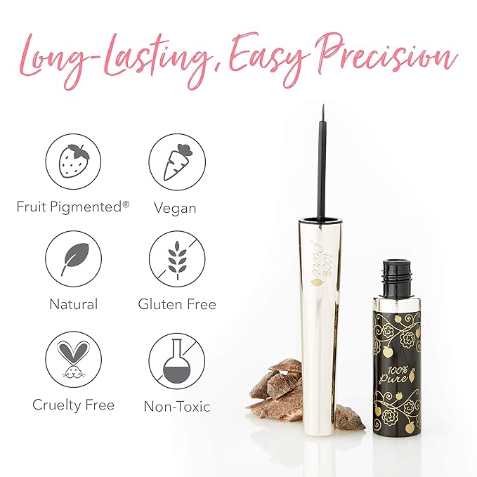 100% PURE Long Last Liquid Eye Liner - Natural, Water-Resistant & Smudge-Proof Easy to Apply Vegan Eye Makeup for All Skin Types - Fruit Pigmented Color Dark Chocolate (Brown) - 0.23 Fl oz