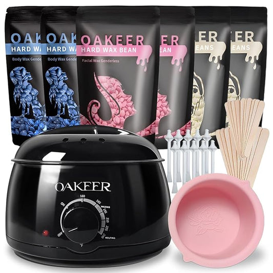 Oakeer Waxing Kit for Women Men, Wax Pot Machine, Wax Warmer for Hair Removal At Home With 6 Bags Beans, Body Waxing For Eyebrows Nose Cheeks Arms Bikinis Legs
