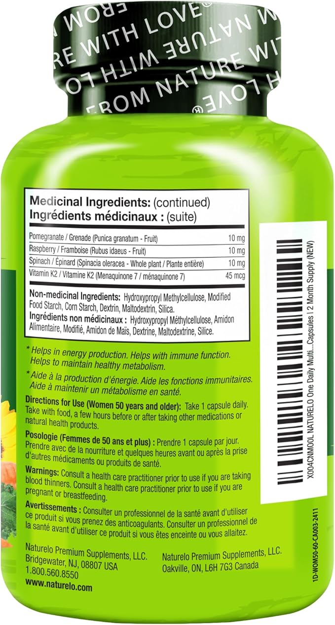 NATURELO One Daily Multivitamin for Women 50+ (Iron Free) - Menopause Support for Women Over 50 - Whole Food Supplement - Non-GMO - No Soy - 60 Capsules - 2 Month Supply