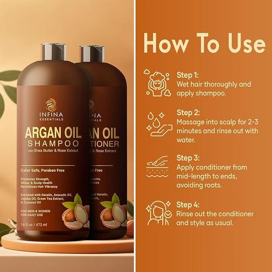 Argan Oil Shampoo and Conditioner Set for Men and Women - Hydrating and Nourishing Sulfate Free Shampoo Conditioner Set for All Hair Types - Hydrating and Nourishing Daily Hair Care - 16 fl oz Each