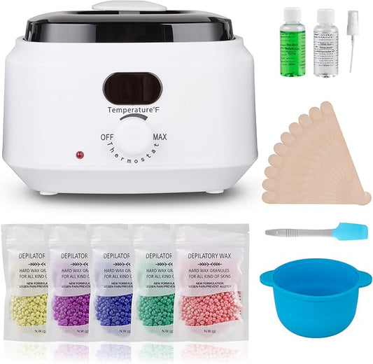 Wax Warmer Pot with 5 Bag Hard Wax Beads, Wax Kit Digital Hair Removal Waxing Kit for Women & Men, HotWax Melt Warmer Kit for Full Body, Legs, Face, Bikini,Sensitive skin, White