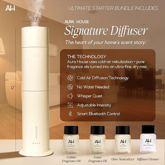 Aura House Ultimate Diffuser Kit – Smart Bluetooth Cold-Air Diffuser with Fragrance Oils, Cleaner & Neutralizer – Complete, Effortless Home Scent System
