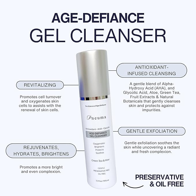 Pneuma Age-Defiance Gel Cleanser with Antioxidant | AHA | Glycolic | Oxygenate, Exfoliate, Protect and Soothes Skin | Gentle Face Cleanser Gel | Green Tea and Aloe