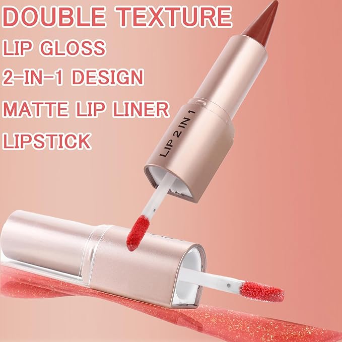 2 in 1 Dual-Ended Lip Combo Sets, Velvet Matte Brown Lip Liner Gloss Kit, Nude Lipstick, Long Lasting High Pigmented Makeup