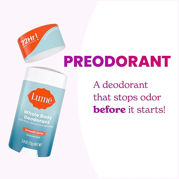 Lume Whole Body Deodorant - Smooth Solid Stick - 72 Hour Odor Control - Aluminum Free, Baking Soda Free and Skin Safe - 2.6 Ounce (Pack of 2) (Unscented)