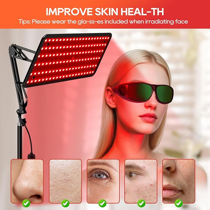 Red Light Therapy for Body and Face, 120 LED 660nm 850nm 940nm Infrared Redlight-Therapy Lamp Device with Glasses，Large Panel and Stable Stand at Home, Idea Gift for Women Mom