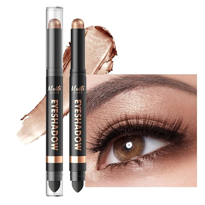 Dual-Ended Cream Eyeshadow Stick, Shimmer Waterproof Long-Lasting Crease-Proof Glitter Eye shadow Pencil for Women, Smooth Blendable Eye Shadow Crayon with Built-in Smudger, 10 Golden Pearl