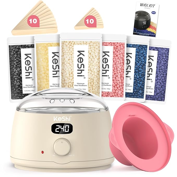 KeShi Waxing Kit for Women and Men, Digital Wax Warmer with 6 Bags Hard Wax Beads, at-Home Hair Removal Wax Kit for Full Body, Face, Eyebrow, Bikini, Legs, Brazilian & Sensitive Skin(Silky Cream)