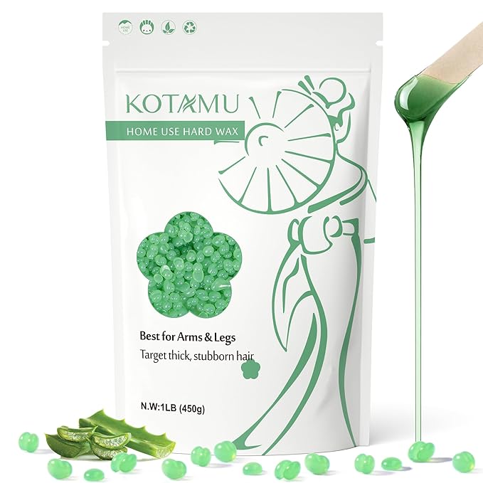 KOTAMU Wax Beads 1lb Aloe Vera Hard Waxing Beans for Hair Removal, Sensitive Skin Waxing Pearls for Women & Men Thick & Stubborn Hair, Hardwax Refill for Arms Legs Face Brazilian Bikini Home Waxing