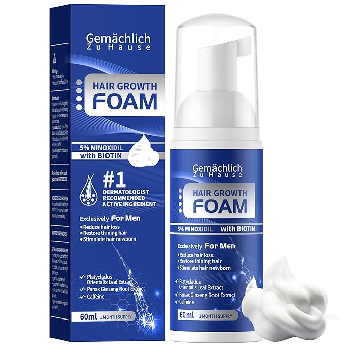 5% Minoxidil Foam for Men Hair Growth - Hair Regrowth Serum Treatment with Biotin, Caffeine, Rosemary Extract - Hair Loss Solution for Helps Prevent Thinning, Thickening Fuller Hair, Non-Greasy - 60ml
