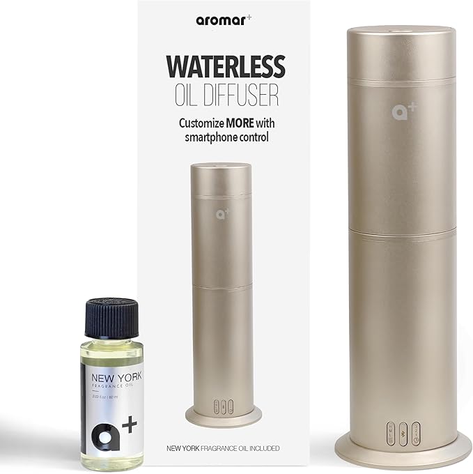 AROMAR Smart Waterless Oil Diffuser - Cold-Air Essential Scent Machine, App-Controlled, Covers 1000 Sq.Ft - Includes 'New York' Scent - Perfect for Home, Office, & Business use - Gold