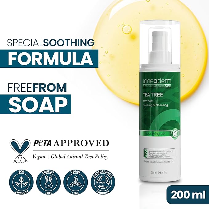 Tea Tree Face Wash for Acne-Prone Skin – Purifying Cleanser with Aloe Vera, Panthenol & Bisabolol – Fights Acne & Controls Oil – Gentle Daily Gel Wash – 200ml