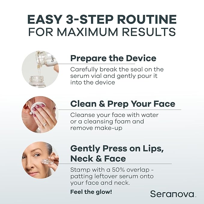 Seranova Micro Infusion System for Face & Neck 0.05mm Stamp with Hyaluronic Acid & Collagen Peptide Serum for Firmer Smoother-Looking Skin, Easy 5-Minute At-Home Skin Care Application - 2 Month Supply