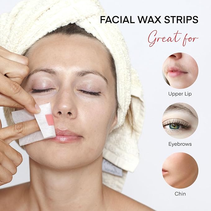 Facial Wax Strips for Hair Removal: Women Face Upper Lip Eyebrow Chin Waxing Hair Remover Kit - Natural & Vegan Ready to Use At Home & Travel - Sensitive Skin Friendly, 40 Ct with 6 Wipes