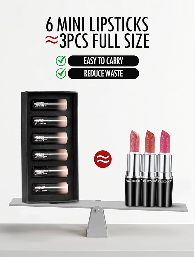 6PC Mini Glitter Lipstick Set,High Pigmented,Lightweight Smooth Moisturizing Formula,Glossy Shine,Travel Size,Metallic Shimmer Lipstick Gift Sets For Women Girls Makeup kit