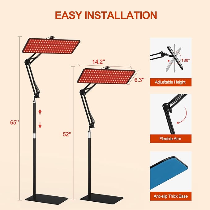 Morfone Red Light Therapy for Body & Face - Infrared Light Therapy Lamp 660nm, 850nm, 940nm Tri-Wavelength LED Beads Panel with Height Adjustable Stand for Home Use, Gift for Women Girls