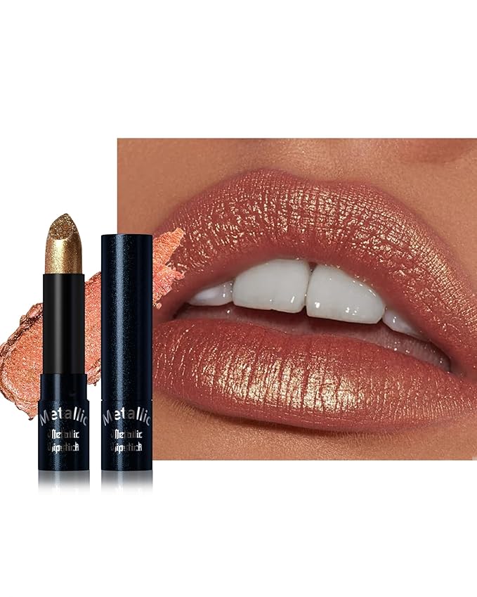 Glitter Metallic Shimmer Lipstick, Orange Gold Pink Lipstick Long Lasting, Diamond High Pigmented Shiny Metallic Lip Stick, Non-sticky Sparkly Lipsticks for Women Christmas Makeup-05 Orange Gold