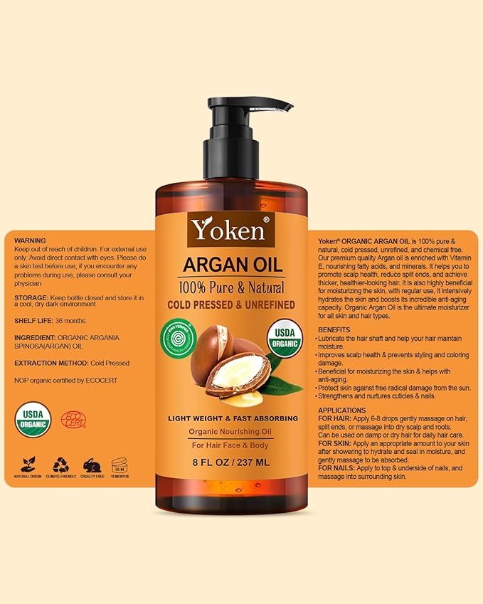 Yoken Argan Oil for Hair, Pure and Natural Morocco Argan Oil, Argon Oil For Hair, Scalp, Face & Skin Care, 100% Cold Pressed Hair Conditioner, Unrefined Argon Nails Carrier Oil (8 Fl Oz)