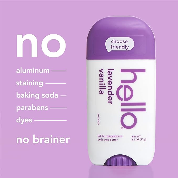 hello Lavender Vanilla Aluminum Free Deodorant for Women and Men with Shea Butter, 24-Hour Freshness, Baking Soda Free Deodorant, Dermatologically Tested, 2.6 oz Stick