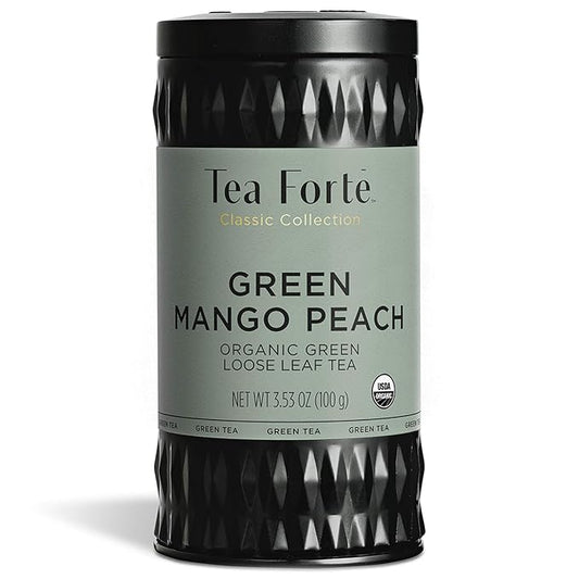 Tea Forte Green Mango Peach Premium Organic Loose Leaf Caffeinated Green Tea Blend Canister, Makes 35-50 Cups