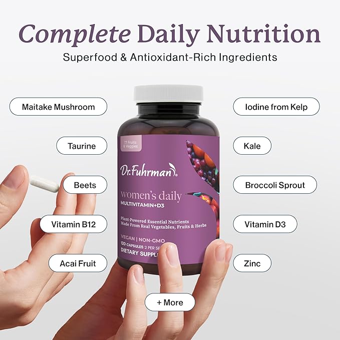 Dr. Fuhrman 2 Month Supply Multivitamin for Women + D3 Vitamin for Immune Support | Vegan Formula Womens Multivitamin with B12 & Zinc | Whole Food multivitamin with 17 Fruits & Veggies | Non GMO