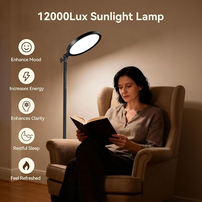 Light Therapy Lamp,12000 Lux UV-Free Sun Lamp Full Spectrum Sunlight Lamp with 12" Panel/71 High/4 Color Temperature/5 Brightness/Remote Control, 2 in 1 Retractable Floor Light Therapy Lamp