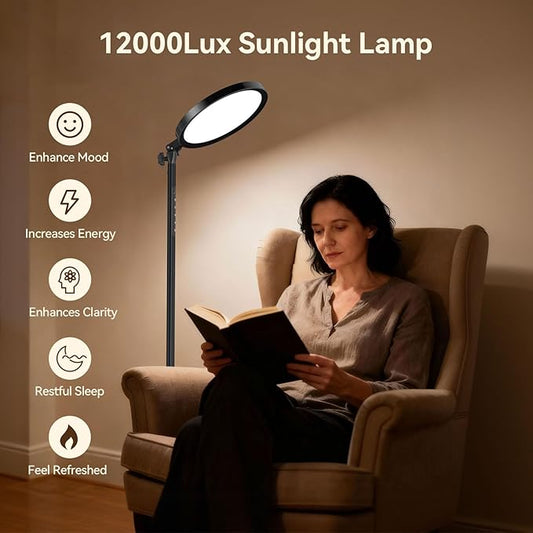 Light Therapy Lamp,12000 Lux UV-Free Sun Lamp Full Spectrum Sunlight Lamp with 12" Panel/71 High/4 Color Temperature/5 Brightness/Remote Control, 2 in 1 Retractable Floor Light Therapy Lamp