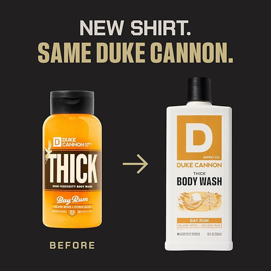 Duke Cannon Supply Co. Thick High Viscosity Body Wash - 3X Thicker, Cleansing Shower and Bath Gel, Mineral-Enriched Body Wash for Men - Island Spice And Golden Rum - Mens Body Scrub - Bay Rum (18 oz)