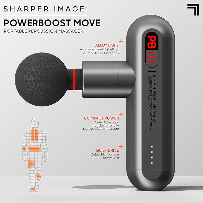 Sharper Image Percussion Massage Gun, Powerboost Move, Lightweight & Portable, 4 Attachments, 4 Speeds, Full Body Back & Shoulder Massager for Deep Tissue Muscle Recovery, Pain Relief & Soreness