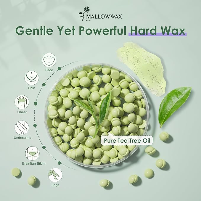 Hard Wax Beads - Wax for Sensitive Skin Hair Removal - Tea Tree Wax Beads for Face, Underarms, Bikini, Legs