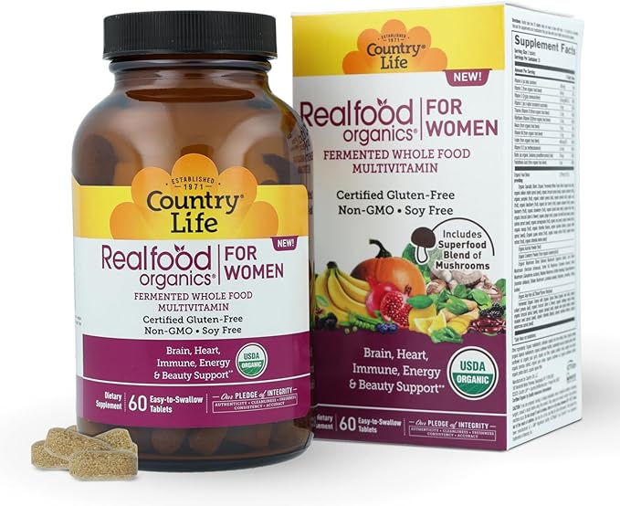 Country Life Realfood Organics Women’s Multivitamin – USDA Organic, Vegan, Gluten-Free – 1,300mg Fermented Whole Foods, Vitamins D, E, B, Folate & Biotin – Daily Energy & Beauty – 60 Tablets