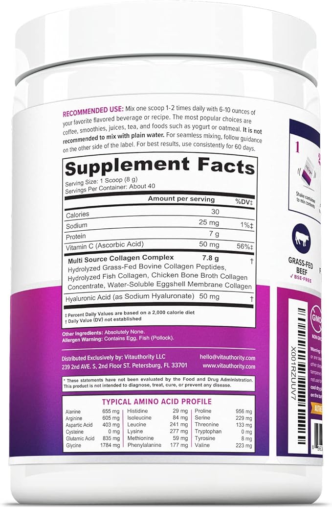 Multi Collagen Peptides Powder for Women - Hydrolyzed Unflavored Collagen Powder for Women with Types I II III V & X Plus Vitamin C & Hyaluronic Acid for Beautiful Hair Skin and Nails - 40 Servings