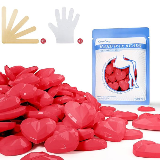 Chulan Hard Wax Beads, 400g Waxing Beads for Sensitive Skin Coarse Hair Removal, Bikini, Full Body, Face Brazilian Waxing, Legs, Fragrance Allergen Free Cute Red Heart Shape