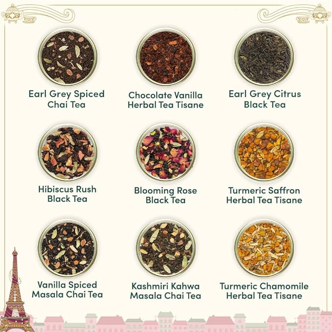 VAHDAM, Weekend in Paris Tea Gift Set - 9 Assorted Teas | Travel Edition Gift Box | Natural Ingredients Luxury Tea Set | Gluten Free, Non-GMO