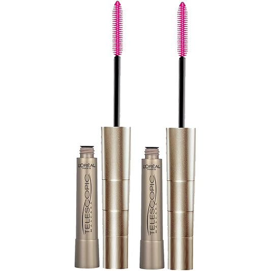 L'Oreal Paris Makeup Telescopic Original Lengthening, Lash Separating Mascara with Dual Precision Brush, Washable, Blackest Black, 0.27 Fl Oz., 2 Count