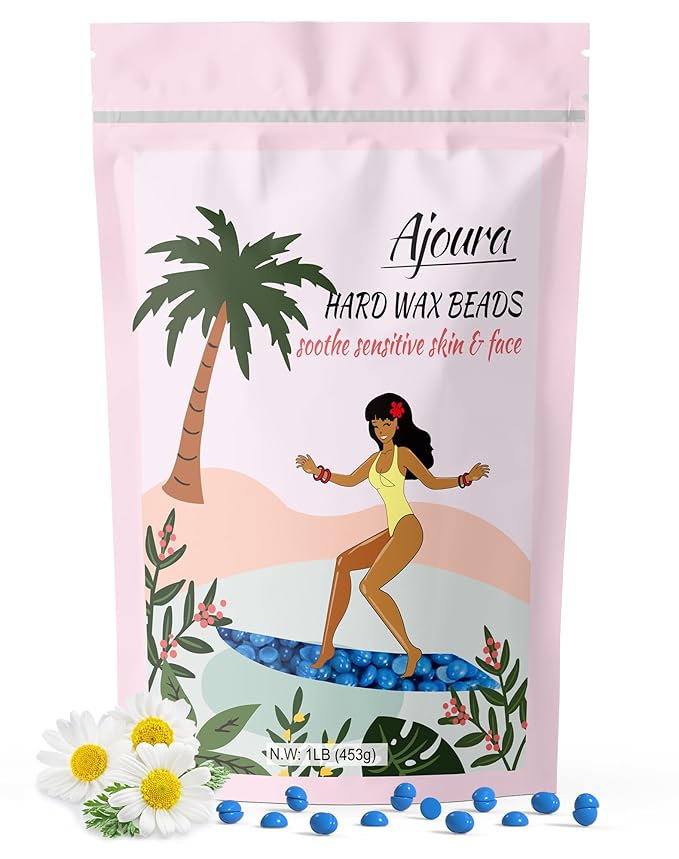 Ajoura 1lb Hard Wax Beads for Hair Removal, Chamomile Wax Beans for Full Body, Brazilian, Bikini Waxing, Face, Eyebrows, Underarms, Arms, Chest, Back, Legs, Home Refill wax for Wax Warmer Kit (Blue)